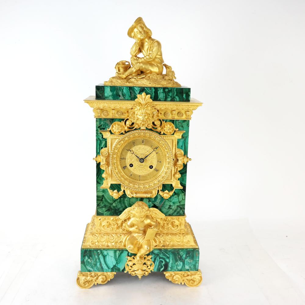  19th-century Russian or French Neoclassical bronze and malachite clock, $4,062