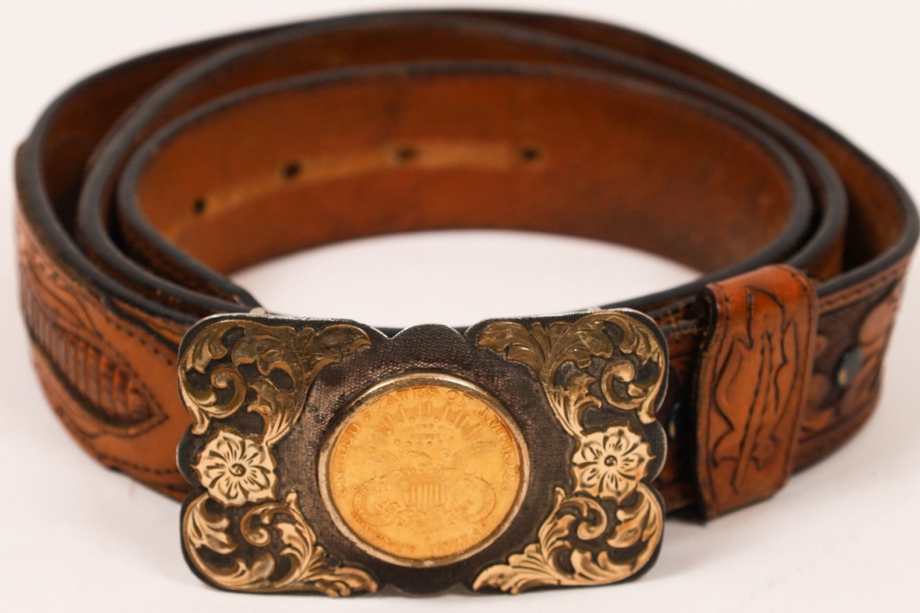 1898-S $20 Liberty Head gold piece belt buckle and Western belt by Silver Creek Collection, $2,500