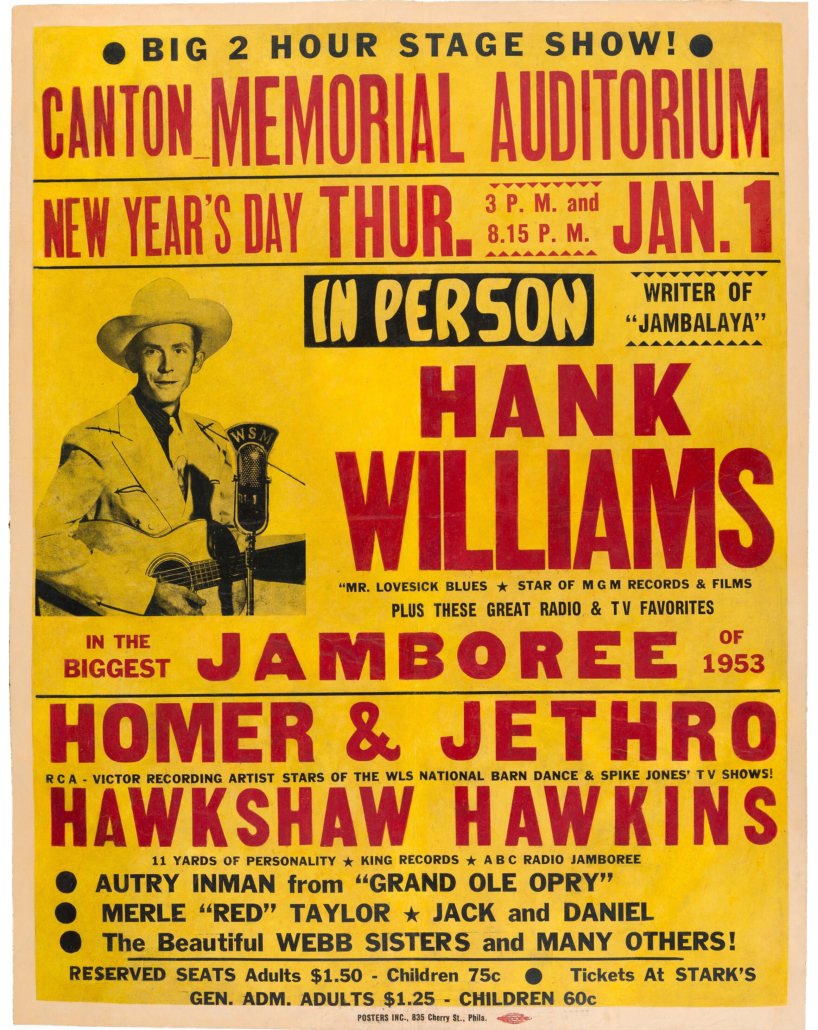 In May 2021, a 1953 Hank Williams poster touting an Ohio show that he would not live to play sold for $150,000 and a new world auction record. The November 6 auction contains another copy, shown here, which is estimated at $80,000-$120,000.