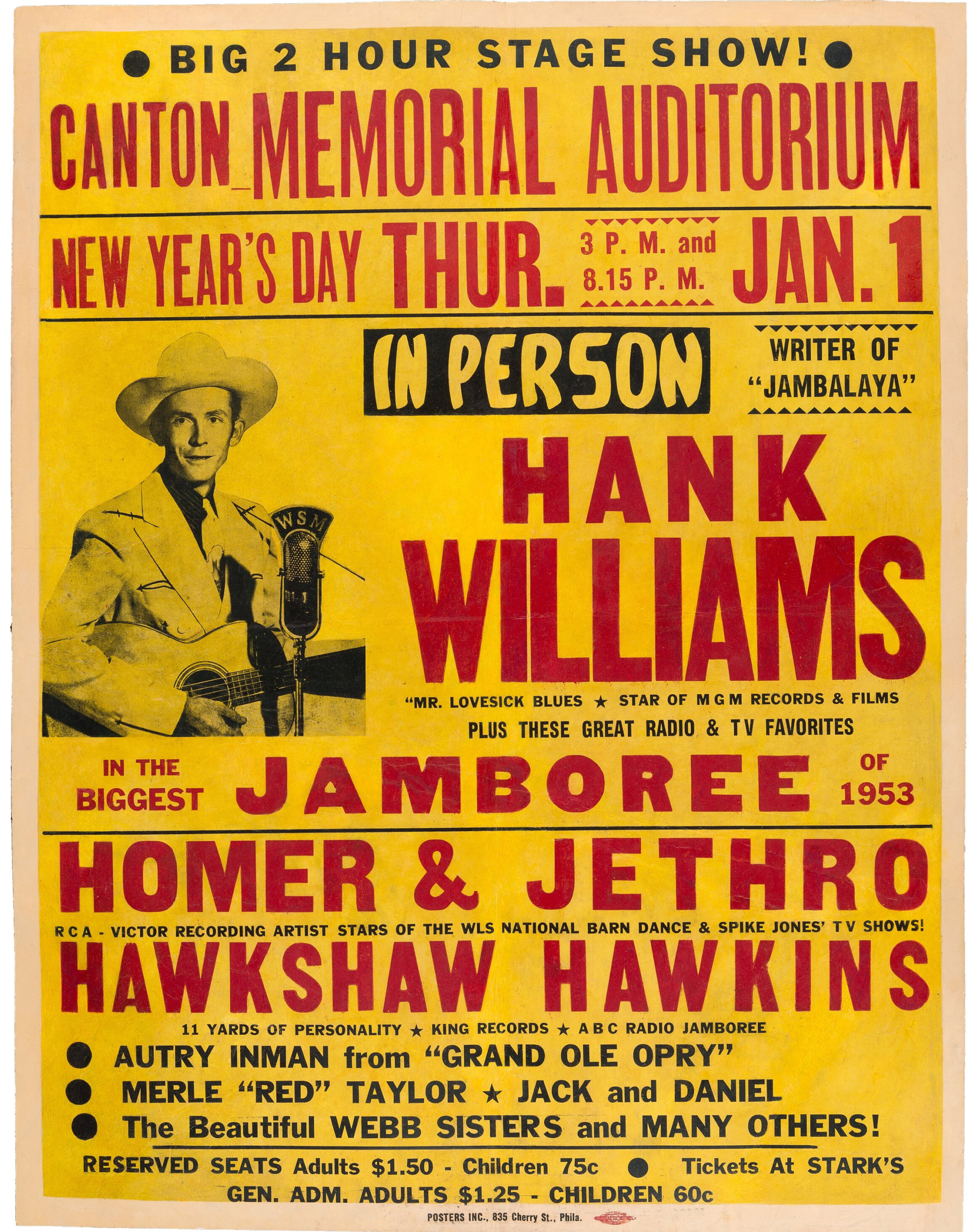 In May 2021, a 1953 Hank Williams poster touting an Ohio show that he would not live to play sold for $150,000 and a new world auction record. The November 6 auction contains another copy estimated at $80,000-$120,000.