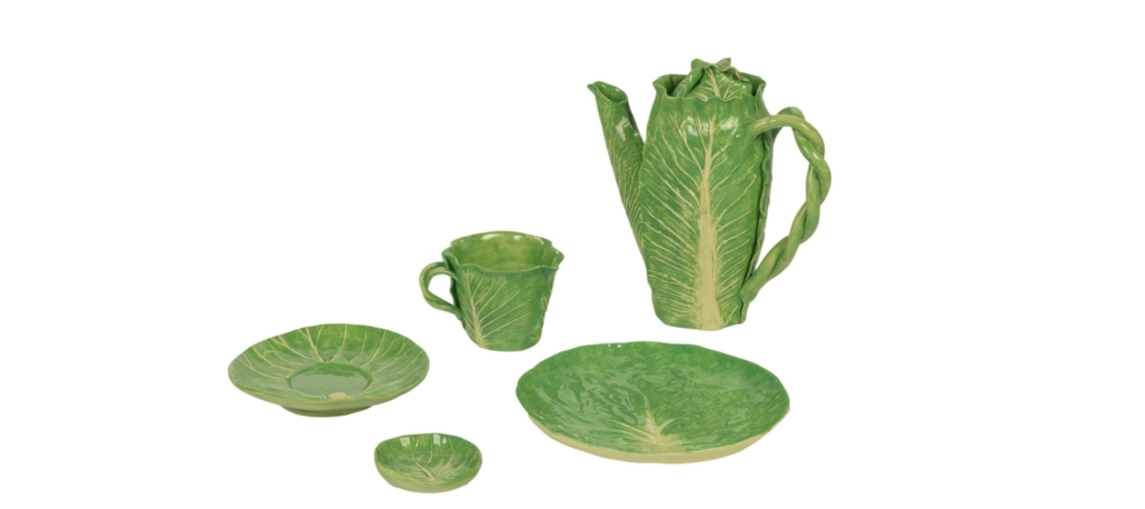 Another image of the 26-piece Dodie Thayer lettuce ware dinner and tea service that achieved $3,500 plus the buyer’s premium in April 2021. Image courtesy of Hill Auction Gallery and LiveAuctioneers