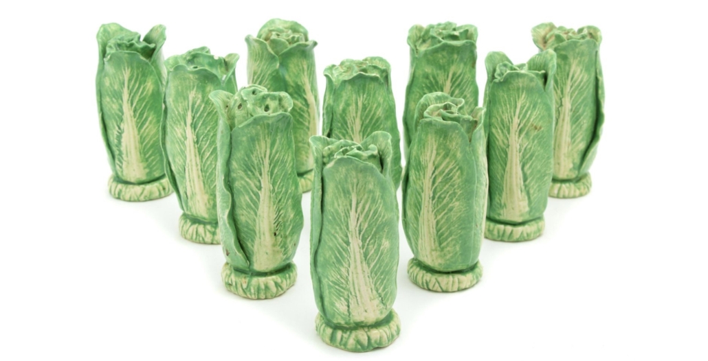 A group of 10 Dodie Thayer lettuce ware standing salt and pepper shakers realized $1,600 plus the buyer’s premium in May 2020. Image courtesy of Hindman and LiveAuctioneers