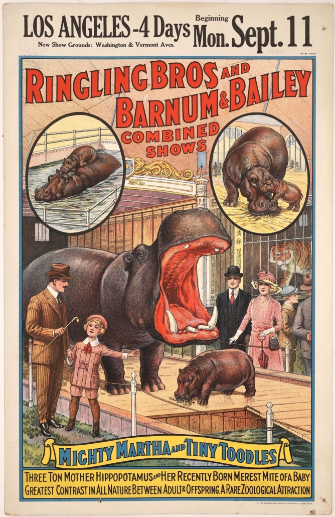 1922 hippo-themed Ringling Bros. and Barnum & Bailey circus poster, $1,062