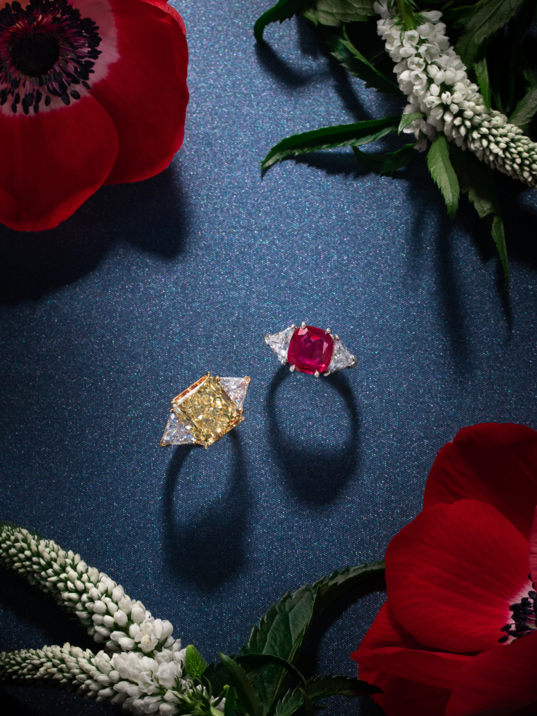Left: Fancy Intense yellow diamond ring by Cartier, est. $200,000-$250,000. Right: Unheated Burmese ruby and diamond ring, est. $120,000-$220,000