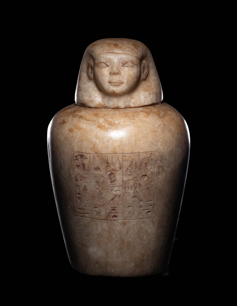 Egyptian alabaster canopic jar, $87,500