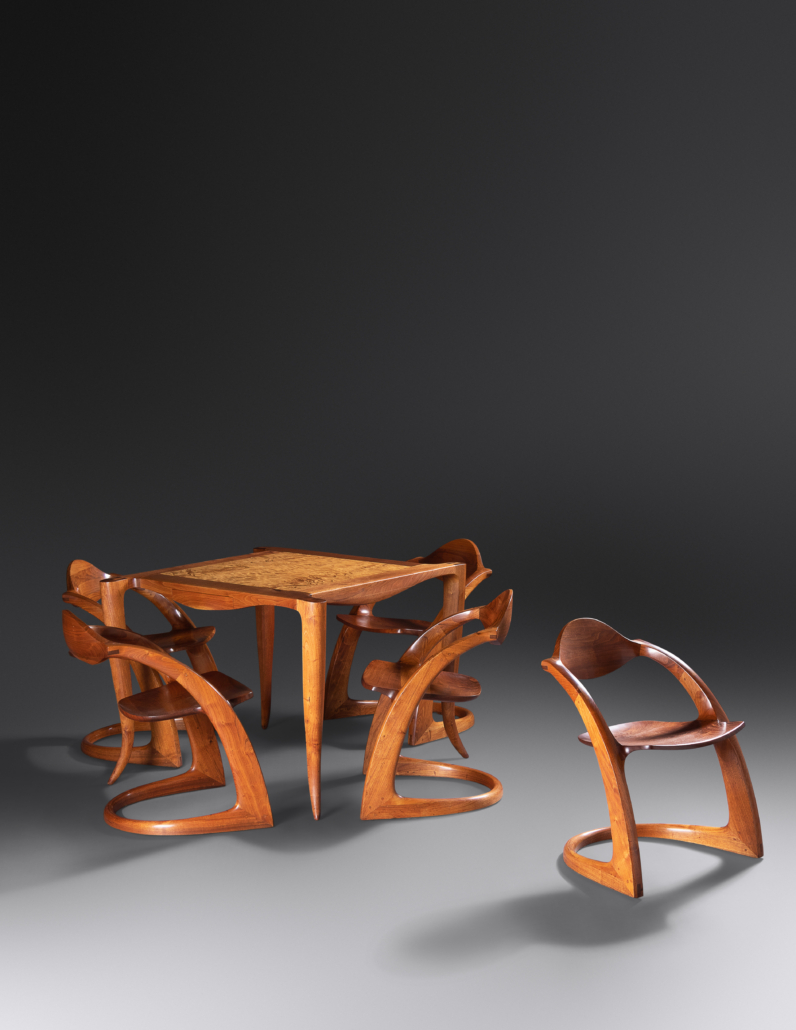 Wendell Castle, circa-1976 set of five Zephyr chairs and game table, est. $50,000-$60,000