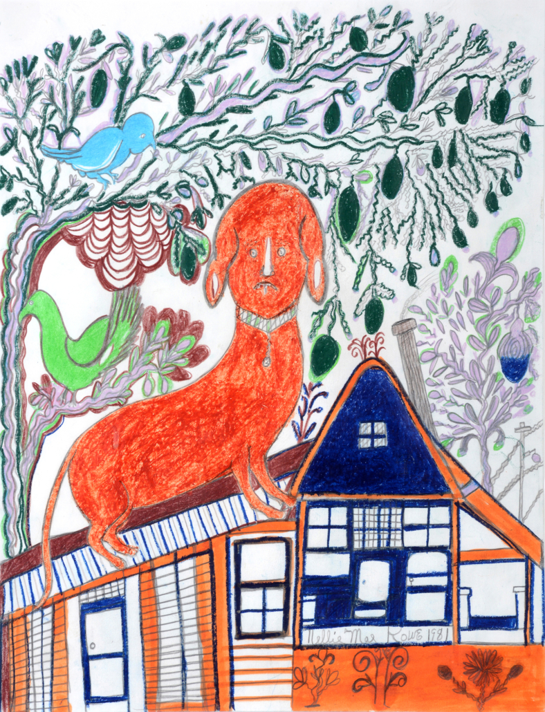 Nellie Mae Rowe, ‘Dog on Roof With Blue and Green Birds,’ est. $15,000-$20,000