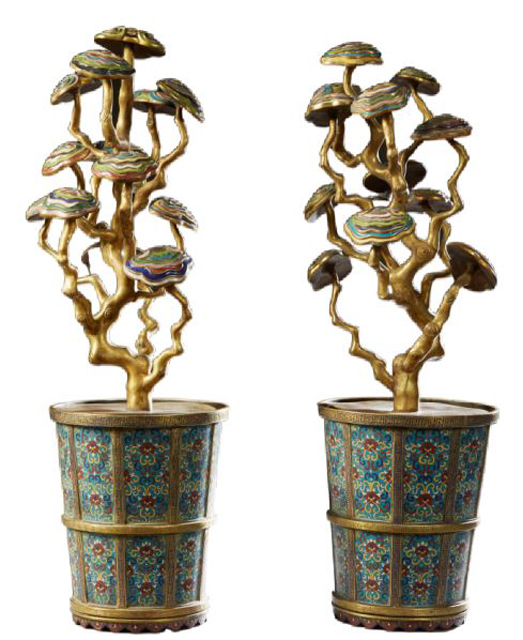 Pair of Imperial cloisonne and enamel lingzhi fungus jardinieres showing the raised Qianlong mark, est. $10,000-$15,000