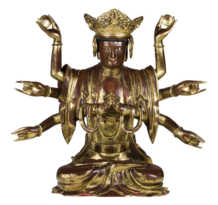 Chinese gilt-lacquered eight-armed Guanyin figure, est. $7,000-$10,000