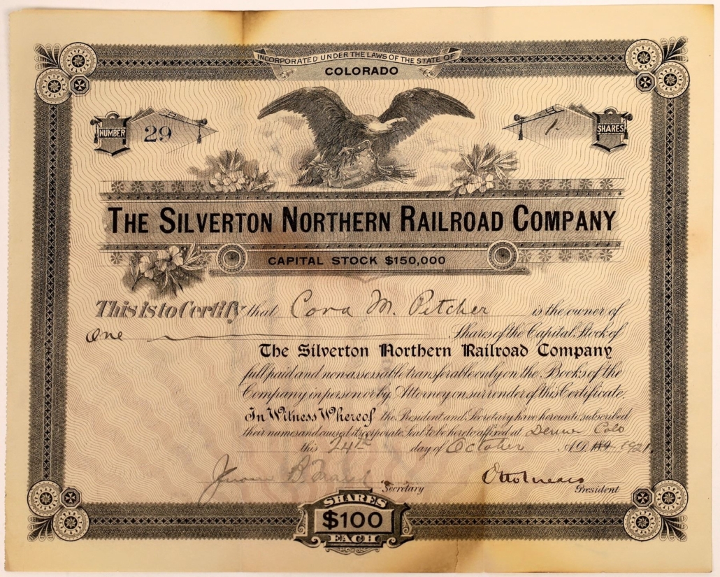 Stock certificate for the Silverton Northern Railroad Company, $3,125