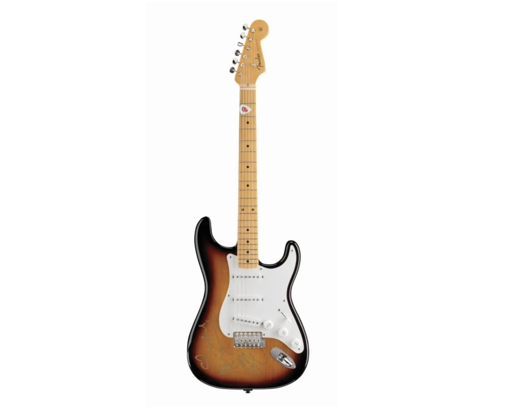 Ron Wood of the Rolling Stones donated a two-color American Original 50s Stratocaster to the Music Rising charity auction. Wood played it during sound checks on the band’s 2021 No Filter tour.