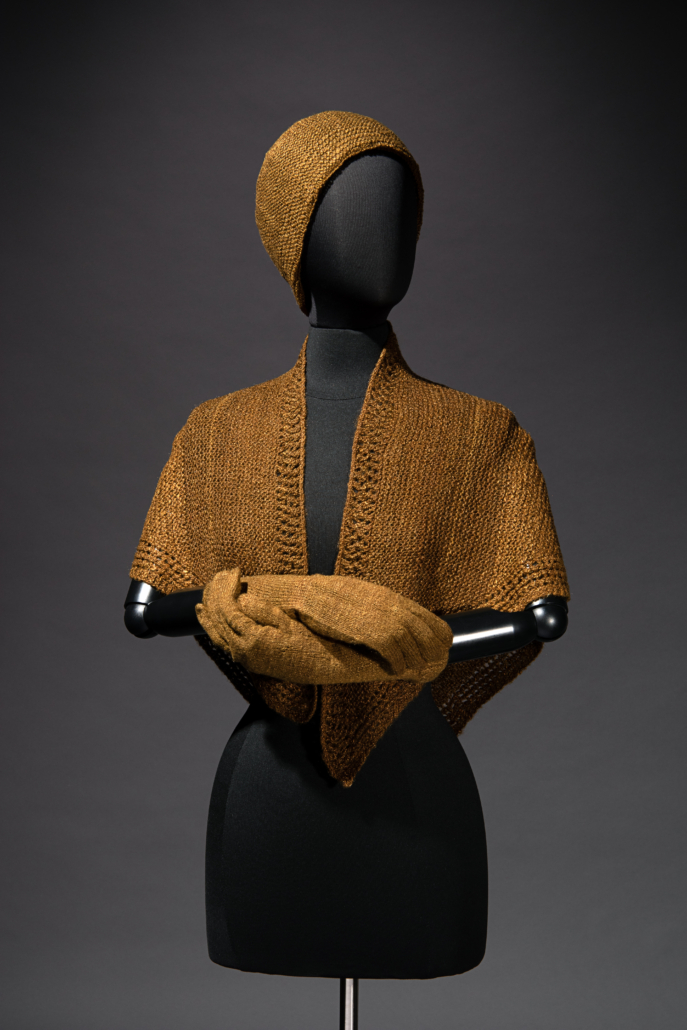 A circa-1920s set of accessories consisting of a hat, shawl and gloves knitted from sea silk, an exceptionally rare textile material, will be offered in Hindman’s December 1 auction.