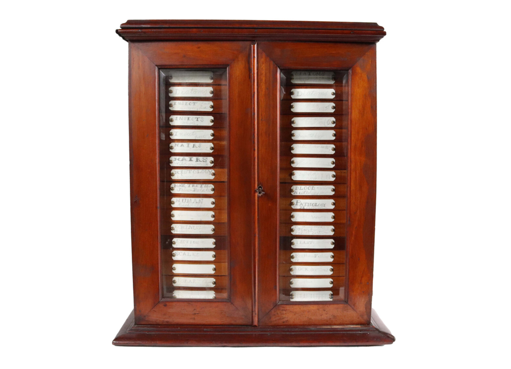 Victorian microscopical slide case, filled with many period specimen examples of insects, diatoms, plants and rock sections, est. $2,000-$3,000