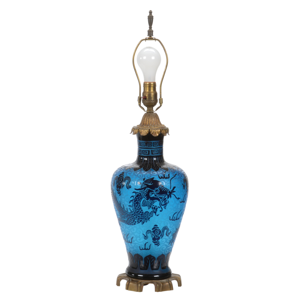 Steuben art glass lamp in a Dragon pattern, est. $1,500-$3,000