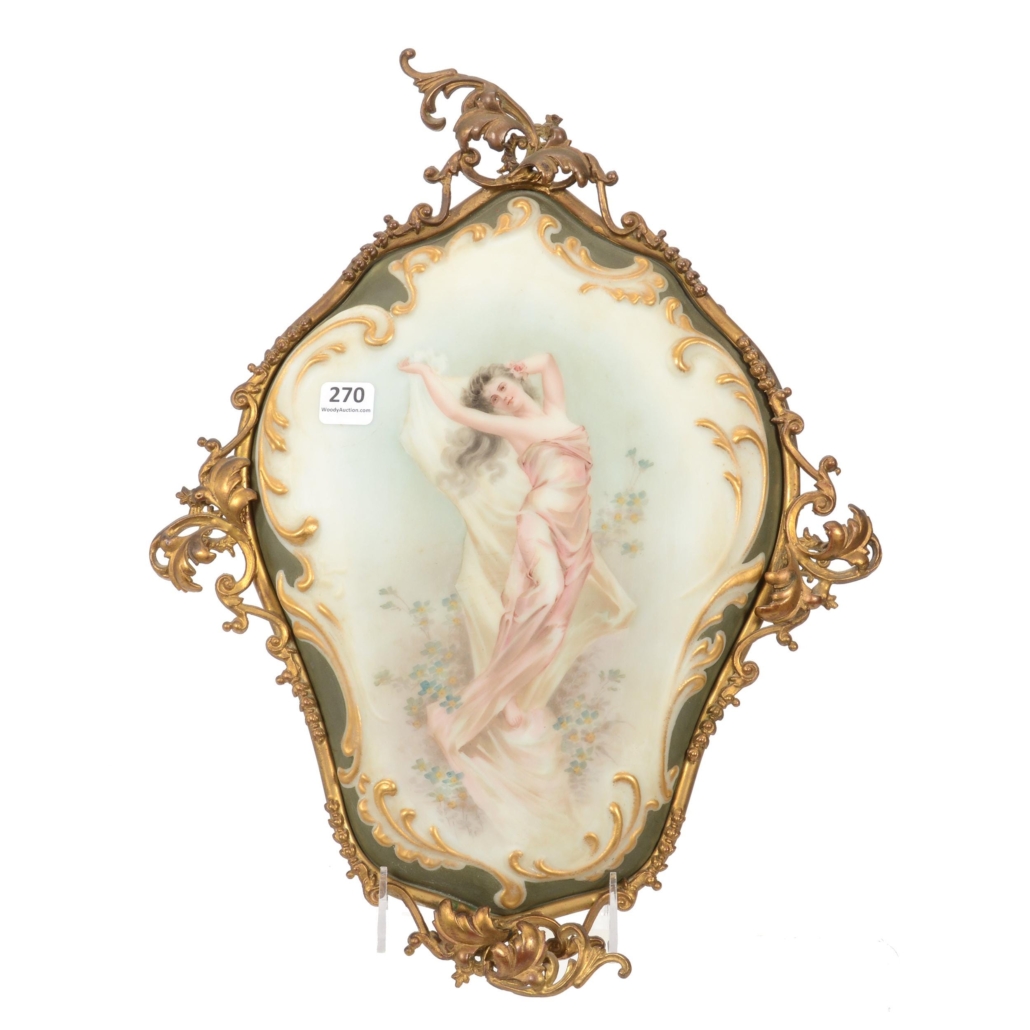 Unmarked Wave Crest art glass plaque in original inch gilt metal frame and backing, $4,888