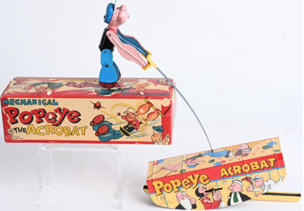 A Linemar tin windup Popeye acrobat with its original box sold for $4,100 plus the buyer’s premium in May 2021 at Milestone Auctions. Image courtesy of Milestone Auctions and LiveAuctioneers.