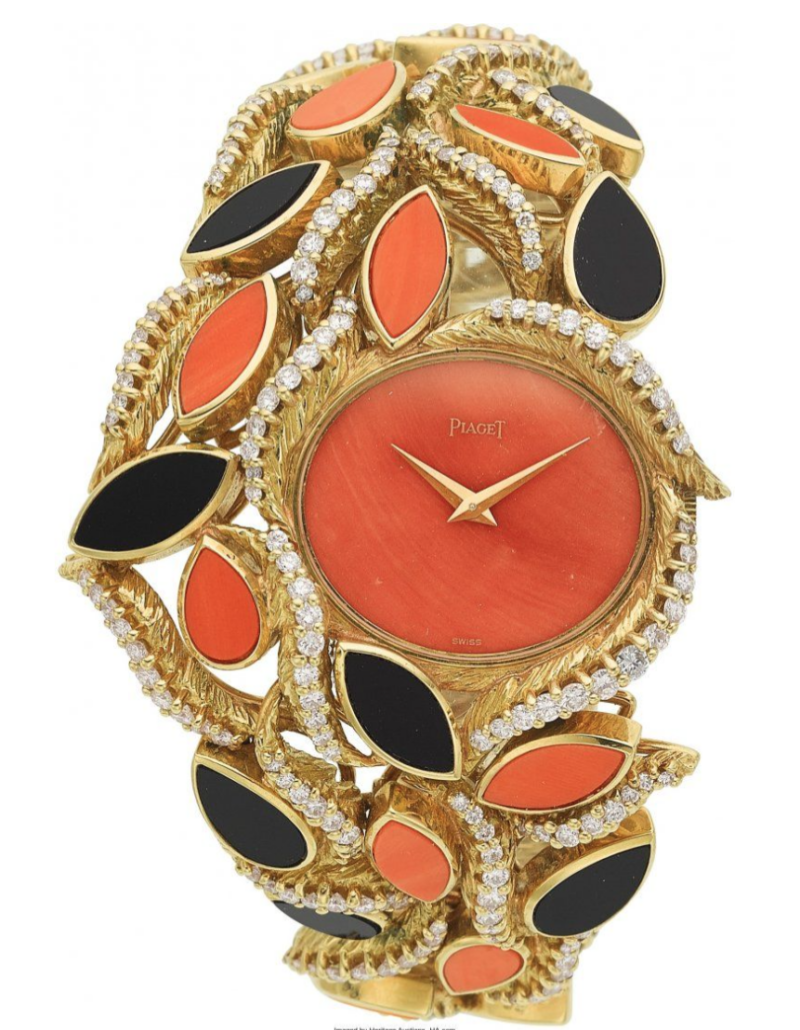 This Piaget lady’s diamond, coral, black onyx and gold watch sold for $60,000 plus the buyer’s premium in April 2017 at Heritage Auctions. Image courtesy of Heritage Auctions and LiveAuctioneers.