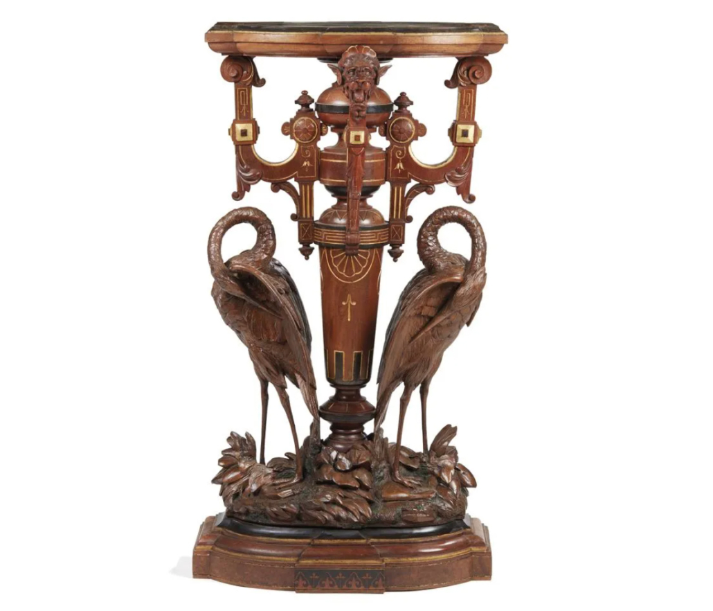 An American Renaissance Revival parcel-gilt and carved walnut pedestal with crane accents, attributed to the Herter Brothers, realized $22,500 plus the buyer’s premium in January 2020 at Witherell’s. Image courtesy of Witherell’s and LiveAuctioneers.