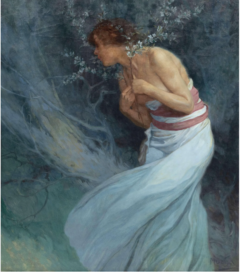 Alphonse Mucha’s 1920 canvas ‘Woman with Flowering Branches’ attained $370,000 plus the buyer’s premium in May 2021 at Hindman. Image courtesy of Hindman and LiveAuctioneers.
