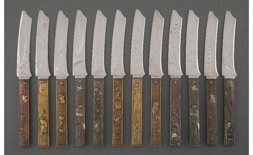 Circa-1880 silver and mixed metal Gorham Mfg. Japonesque fruit knife set, $45,000