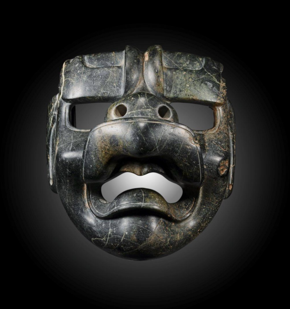 A pre-Columbian Olmec jaguar mask in serpentine, boasting fine carving in relief, sold for $250,000 plus the buyer’s premium in March 2018 at Minerva Gallery. Image courtesy of Minerva Gallery and LiveAuctioneers.