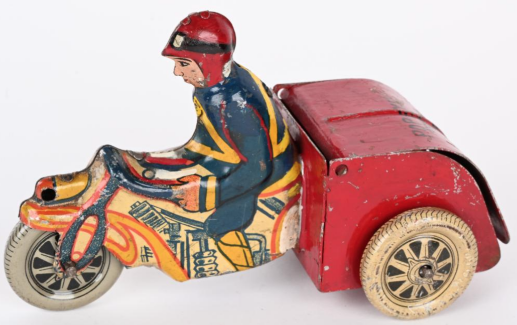 A Marx prototype Popeye Motorcycle Express achieved $5,500 plus the buyer’s premium in October 2021 at Milestone Auctions. Image courtesy of Milestone Auctions and LiveAuctioneers.