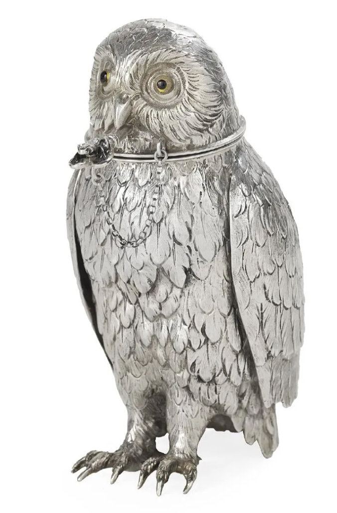 A silver German owl-shaped cocktail shaker realized $8,750 plus the buyer’s premium in December 2018 at New Orleans Auction Galleries. Image courtesy of New Orleans Auction Galleries and LiveAuctioneers.