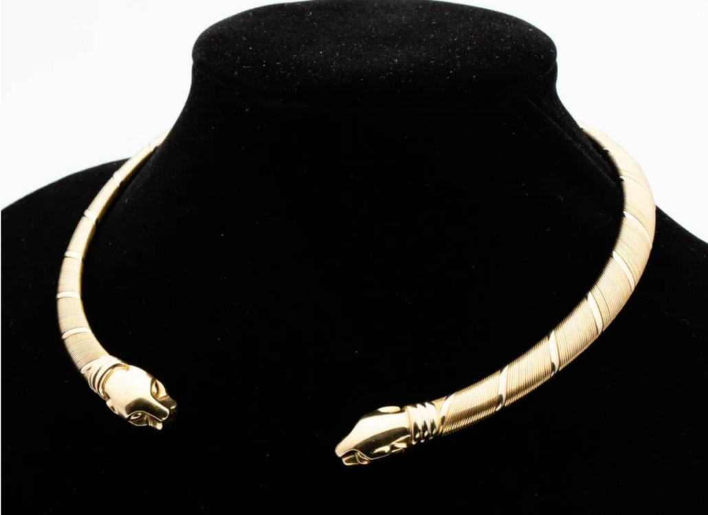 Jewelry is always popular at Everard auctions; this Cartier 18K gold panther necklace achieved $8,000 plus the buyer’s premium in October 2021. Image courtesy of Everard Auctions and LiveAuctioneers.