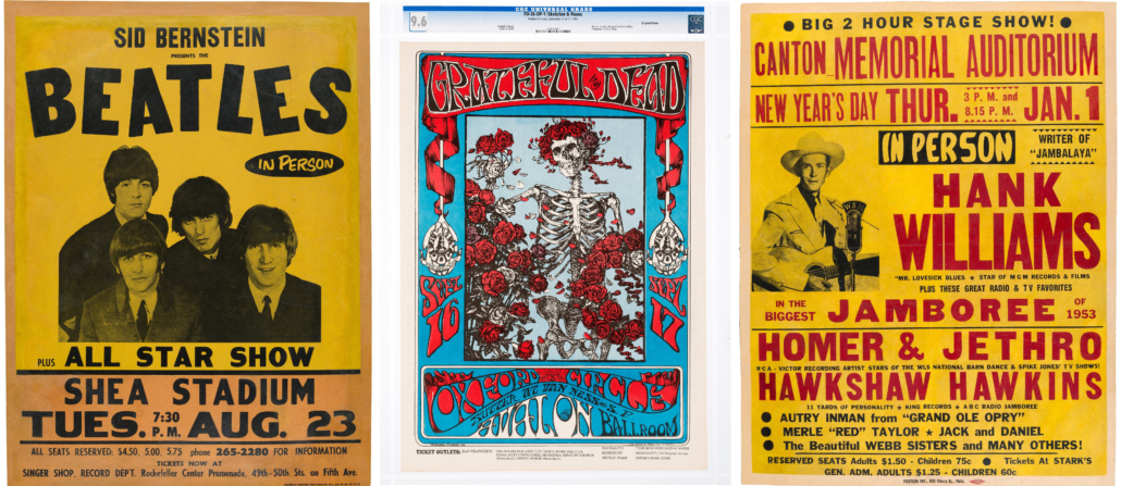 Exceptionally scarce original concert posters for The Beatles, the Grateful Dead and Hank Williams – examples of which have held the world auction record for the category during the last two years – will all appear in a Nov. 6 auction in Dallas. 