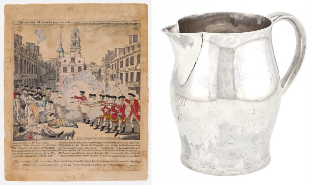 Left: Paul Revere Jr.’s 1770 engraving ‘The Bloody Massacre,’ which sold for $429,000 and a world auction record for the print at Doyle on November 2. Right, a Paul Revere Jr. Liverpool silver pitcher, created in 1805, which sold for $94,500 at Doyle on November 3. I