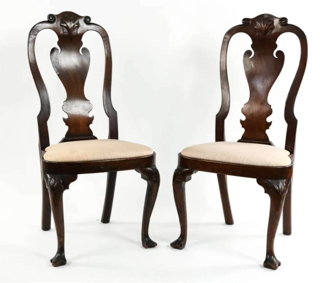 A pair of Philadelphia Queen Anne side chairs earned $46,000 plus the buyer’s premium in February 2020 at Westport Auction. Image courtesy of Westport Auction and LiveAuctioneers.