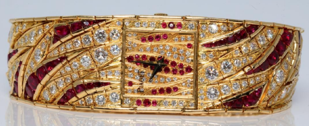 Boasting more than 17 carats of rubies, this 18K Polo watch is an elegant example of one of Piaget’s most iconic lines. It brought $47,500 plus the buyer’s premium in June 2019 at GWS Auctions Inc. Image courtesy of GWS Auctions Inc. and LiveAuctioneers.