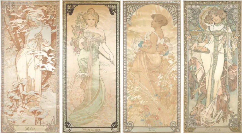 Mucha’s decorative panels series showcasing the Four Seasons proved so popular that he created at least three different sets. This 1900 version made $48,000 plus the buyer’s premium in October 2018 at Poster Auctions International. Image courtesy of Poster Auctions International and LiveAuctioneers.