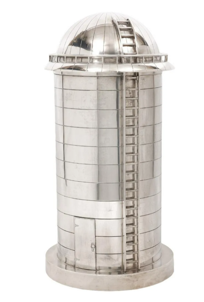A sterling silver silo cocktail shaker by Lambert Bros. made $20,000 plus the buyer’s premium in July 2021 at Abington Auction Gallery. Image courtesy of Abington Auction Gallery and LiveAuctioneers.