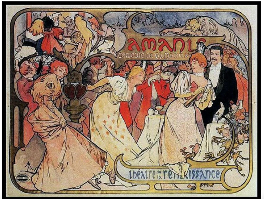 An original 1895 Mucha poster, ‘Amants - Theatre de la Renaissance,’ sold for $42,000 plus the buyer’s premium in December 2018 at White Knight Associates (WKA). Image courtesy of White Knight Associates (WKA) and LiveAuctioneers.