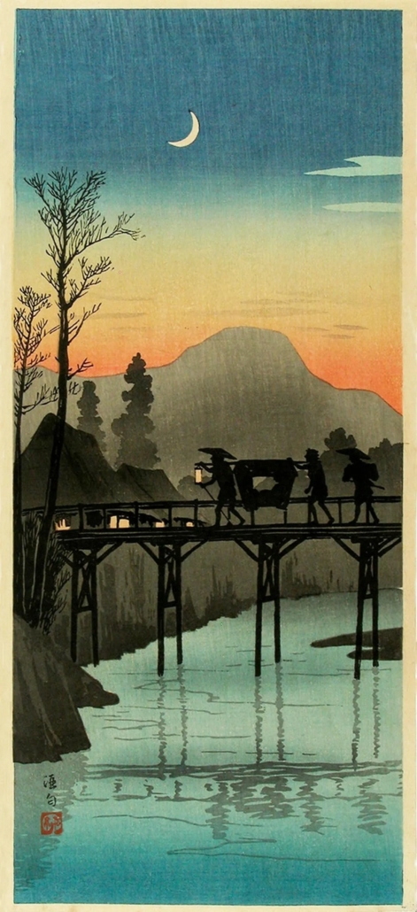 Takahashi Hiroaki, aka Shotei, ‘Travellers crossing the Sakawa Bridge at sunset,’ est. $1,500-$2,000