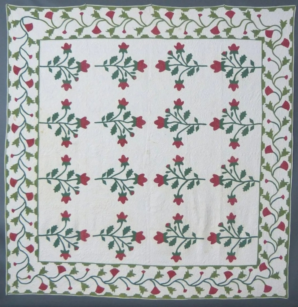 Circa-1840-1850 red, green and white applique quilt, est. $1,100-$1,500