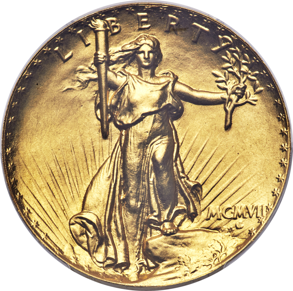 Front of the 1907 Saint-Gaudens ultra high relief gold coin that sold privately for $4.75 million. 