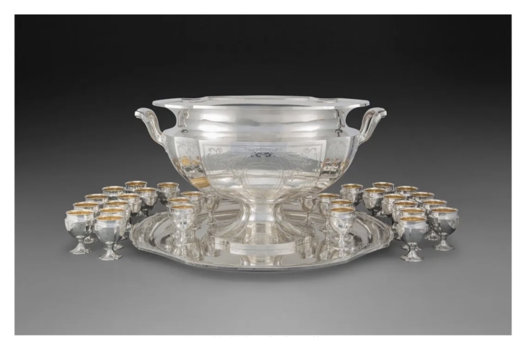 A 1933 Reed & Barton partial-gilt silver punch service realized $22,000 in November 2020. Image courtesy of Heritage Auctions and LiveAuctioneers 