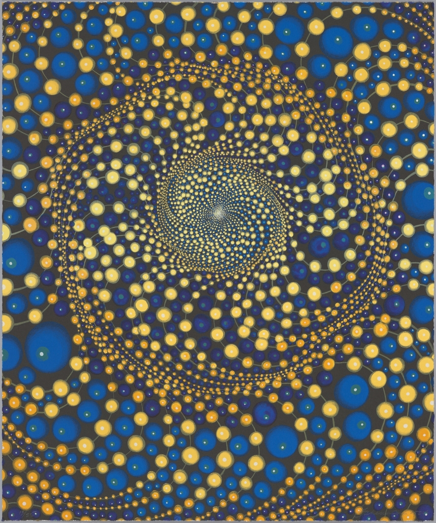 Barbara Takenaga, ‘Shaker Blue,’ 2004. Lithograph, silkscreen, and hand coloring, ed. 13/25, 24in by 24in. Collection of Jordan D. Schnitzer. Photo by Strode Photographic LLC; Courtesy of the artist and Shark’s Ink