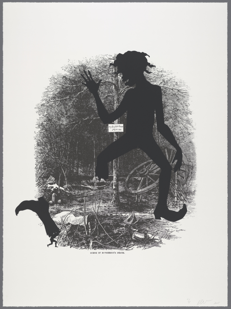 Kara Walker, ‘Scene of McPherson’s Death. Harper’s Pictorial History of the Civil War (Annotated),’ 2005. Offset lithography and screenprint, ed. 21/35, 53in by 39in. Collection of Jordan D. Schnitzer. Photo by Strode Photographic LLC; © Kara Walker