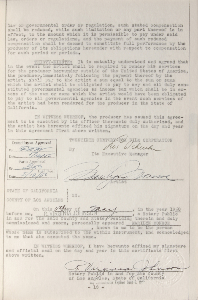 1950 contract between Marilyn Monroe and 20th Century-Fox, signed twice by Monroe, est. $8,500-$10,000