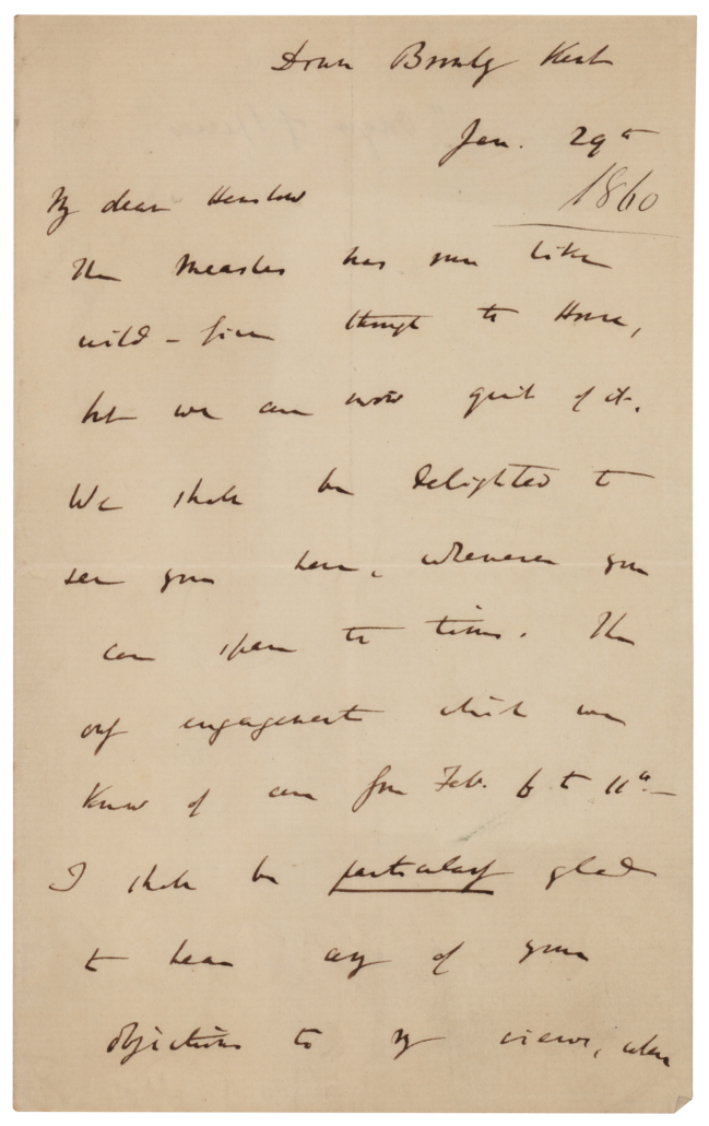 Two-page handwritten Charles Darwin letter from 1860 in which he discusses his book ‘On the Origin of Species,’ est. $10,000-$12,000