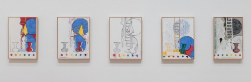 ‘5 Postcards,’ 2011, by Jasper Johns. From left to right: Encaustic on canvas, 36 × 24 in. (91.4 × 61 cm); Oil on canvas, 36 × 27 in. (91.4 × 68.6 cm); Oil on canvas, 36 × 27 in. (91.4 × 68.6 cm); Oil and graphite on canvas, 36 × 27 in. (91.4 × 68.6 cm); Encaustic on canvas, 36 × 24 in. (91.4 × 61 cm). Philadelphia Museum of Art: promised gift of Keith L. and Katherine Sachs. © 2021 Jasper Johns/VAGA at Artists Rights Society (ARS), New York.