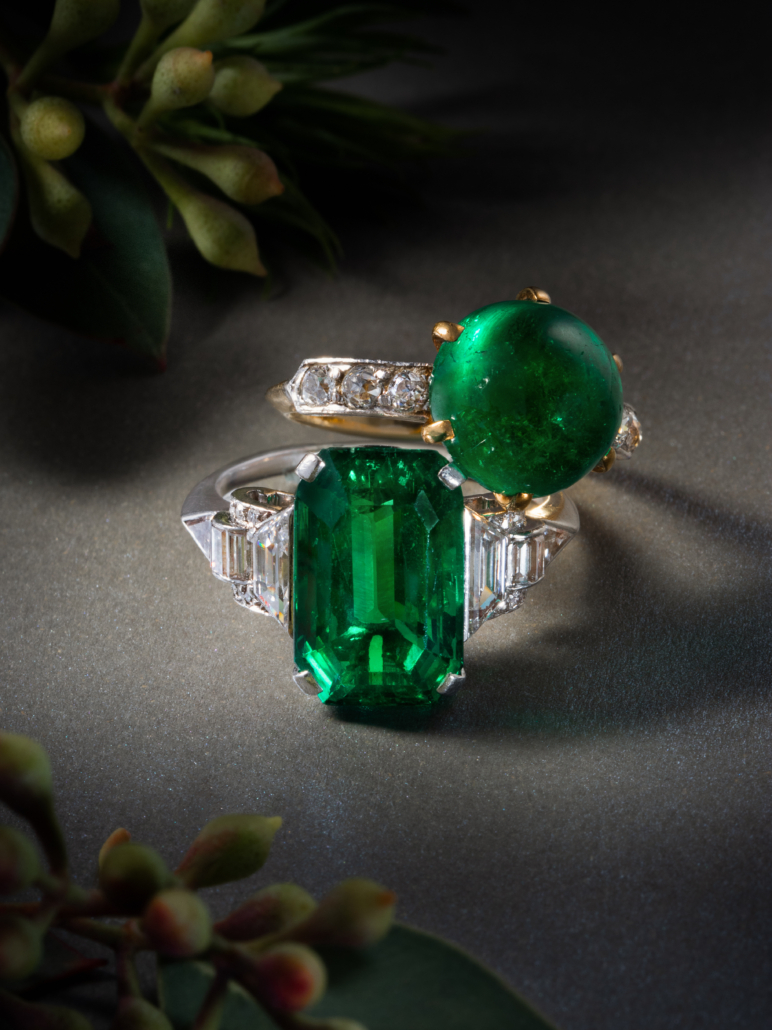 Left: Art Deco Colombian emerald and diamond ring, $125,000; Right: Tiffany & Co. Colombian emerald and diamond ring, $25,000