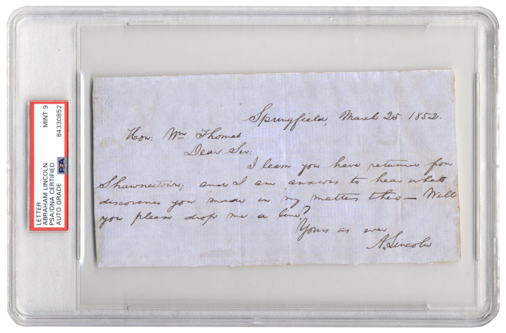 1852 letter signed and handwritten by Abraham Lincoln, est. $12,000-$15,000