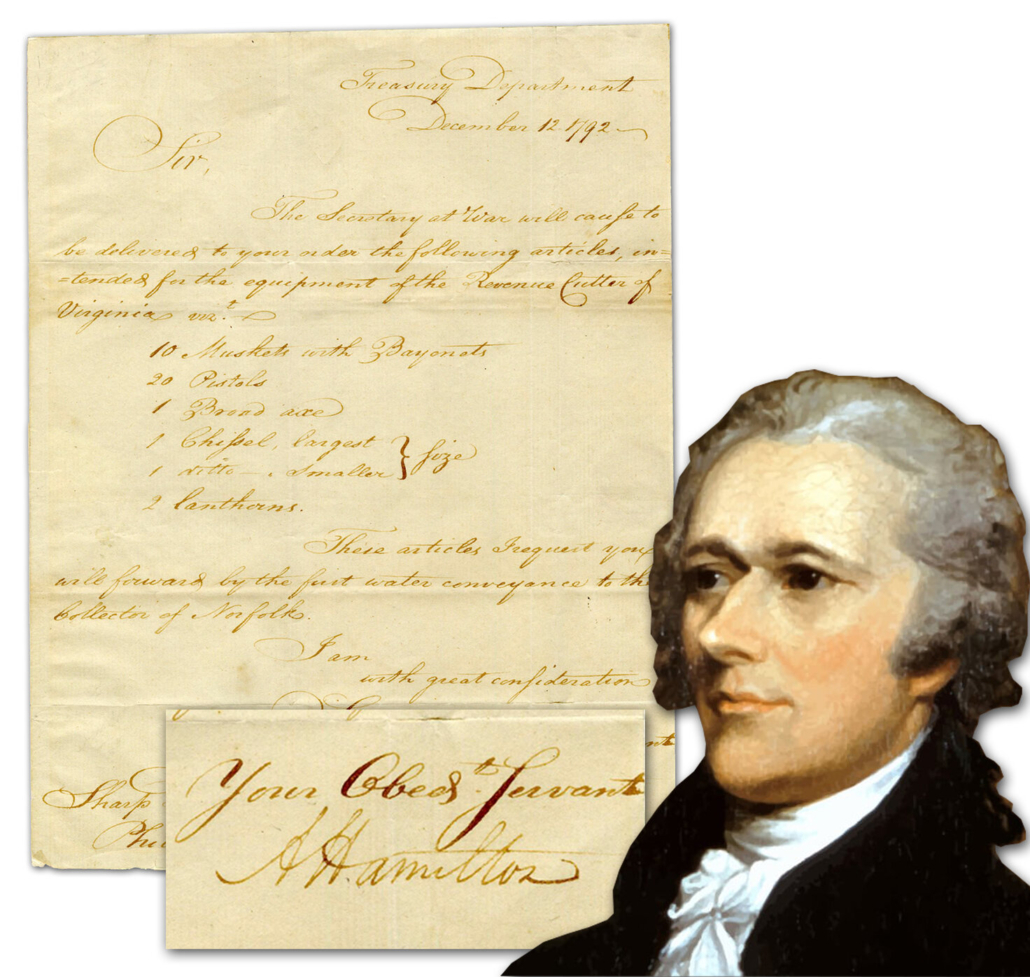 One page of a bifolium from Dec. 1792, signed by Alexander Hamilton as Treasury Secretary, est. $9,000-$10,000