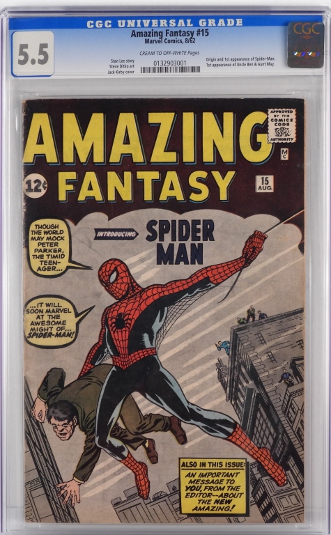 Amazing Fantasy #15 with the first appearance of Spider-Man, Aunt May and Uncle Ben, est. $50,000-$80,000