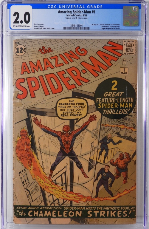 Marvel Comics’ Amazing Spider-Man #1, featuring the first appearance of J. Jonah Jameson and Chameleon, the first Fantastic Four crossover, graded CGC 2.0, $11,562