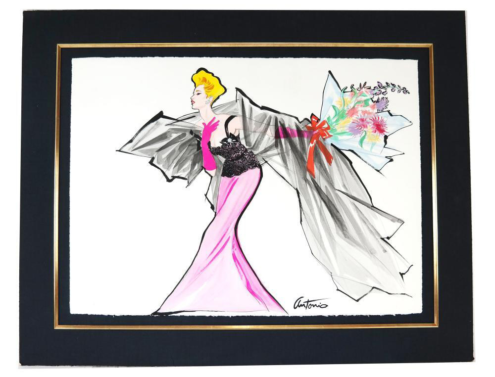 Antonio Lopez 1982 fashion image of supermodel Jerry Hall in a pink and black Oscar de la Renta dress, $10,625
